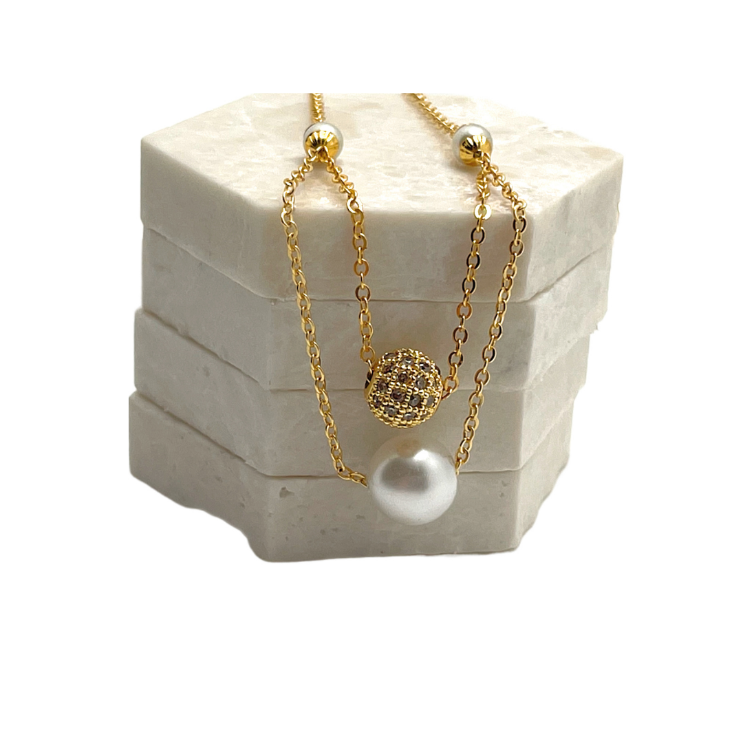 Gold Plated Chain with Round CZ Diamond Ball & Pearl